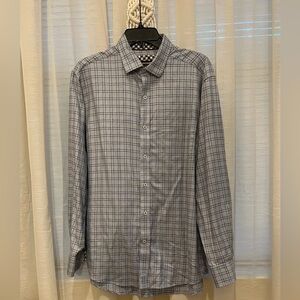 Johnston & Murphy Shirt Men's L Gray Brown Mini Plaid Button Up Sz Large